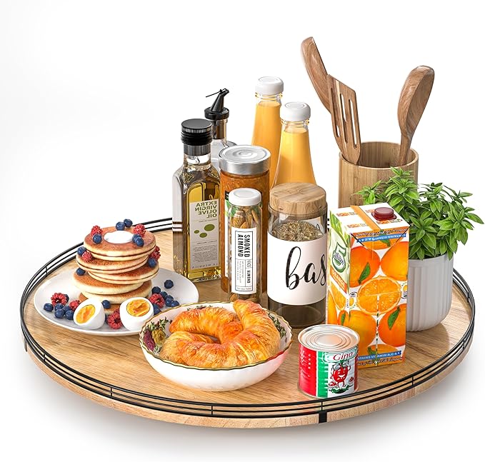 21" Lazy Susan Oak Wood Turntable Organizer for Cabinet, Farmhouse Round Wooden Large Lazy Susan Organization and Storage for Dining Table, Pantry, Kitchen, Countertop, Cupboard, Home Decor-CasaMuseHome