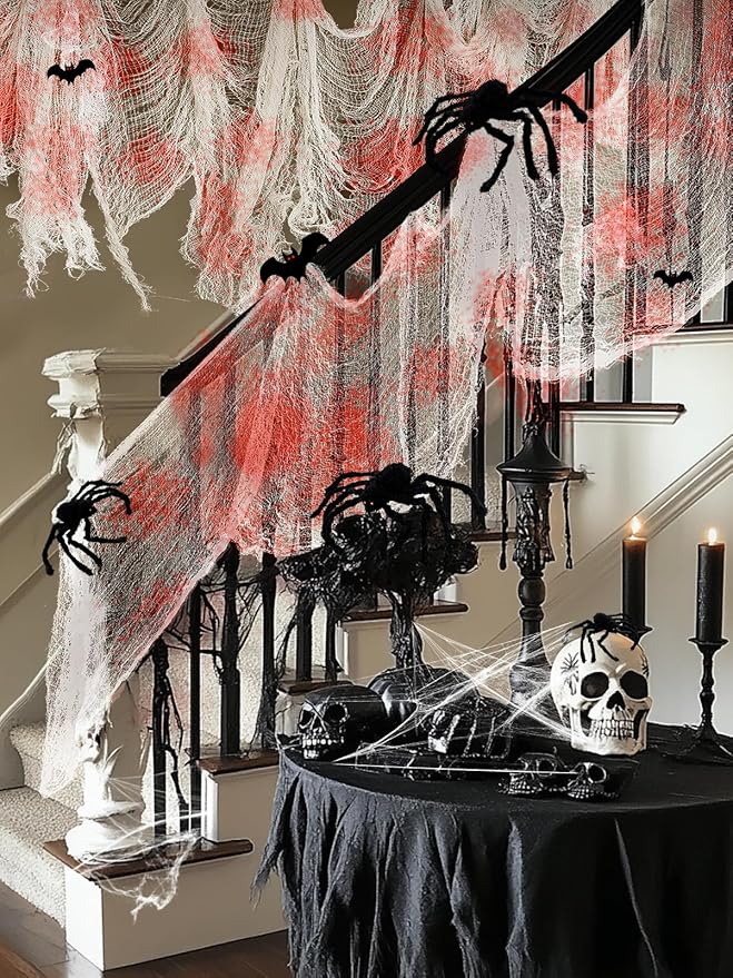 5Pcs Halloween Blood Red Creepy Cloth- Spooky Gauze Fabric Cloth for Haunted Horror House Halloween Party Doorway Outdoors Decoration (30" ×72")-CasaMuseHome