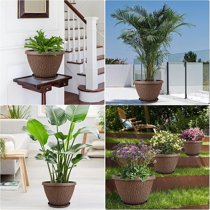 4 Pack 10 Inch Plant Pot, Flower Pots Outdoor with Drainage Hole & Tray, Thickened Plastic Planters for Indoor Outdoor Plants, Lightweight Modern Decorative Garden Pot with Saucer-CasaMuseHome