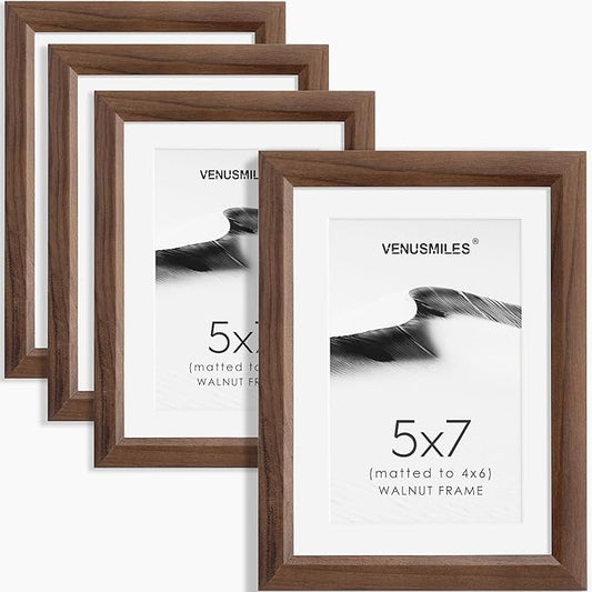 5x7 Picture Frame Set of 4 Natural Solid Walnut Photo Frames with 4x6 Removable Mat Wall Hanging Large Handcrafted Frame with HD Plexiglass Wall and Tabletop Display Large Poster Frame-CasaMuseHome