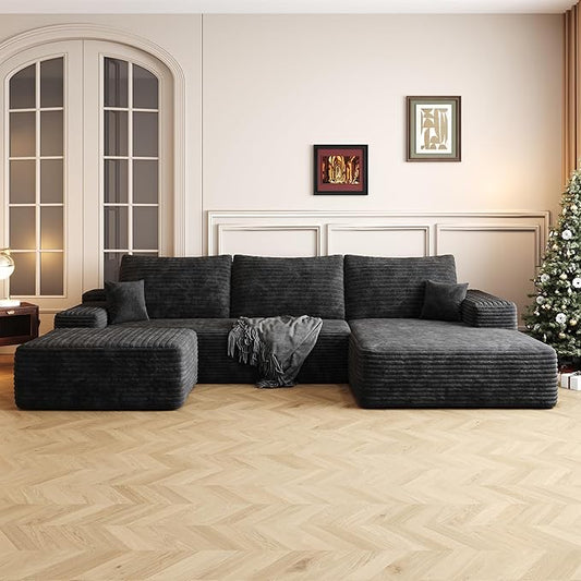 108" Sectional Couches for Living Room Modern Modular Sofa with L-Shape Couchs Upholstered Boneless Couch Deep Seat Sectional Couch with Chaise (Black, Right Facing Chaise+2Seaters+1Ottoman)-CasaMuseHome