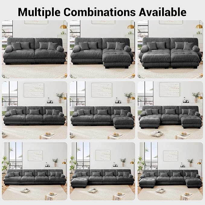 L Shaped Couch Sectional Couch, 3-Seater Cloud Couch Sectional Oversized Couch, Sofa Bed Couch with Round Bolster Armrests 5 Pillows, Modular Couch Home Sofa Living Room Couch(Gray)-CasaMuseHome
