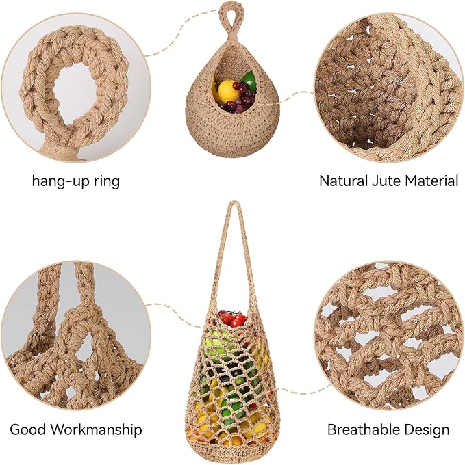 AARAINBOW Boho Wall Hanging Baskets for Kitchen Storage, Fruit Woven Wall Basket 9 Pcs, Hanging Vegetable and Onion Storage with 24 Hooks （Brown）-CasaMuseHome