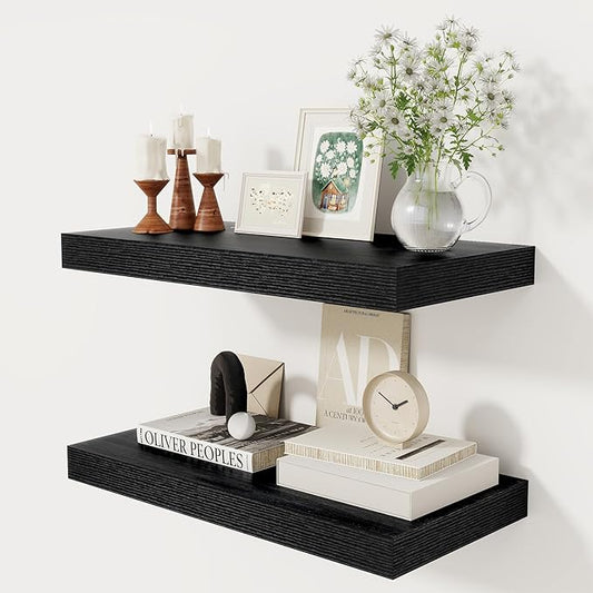 12 Inch Deep Black Floating Shelves, 24 x 12 Floating Shelf for Books, Rustic Wood Deep Wall Shelves for Home Storage & Display, 2" Thicked Shelves for Kitchen, Living Room, Bedroom, 2 Pack-CasaMuseHome