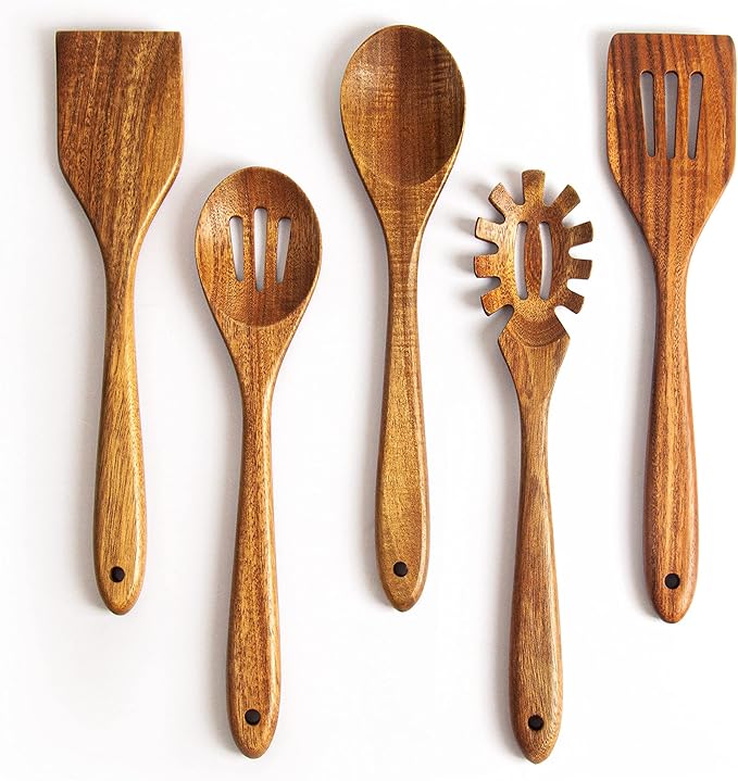 Acacia Wooden Spoons for Cooking: 5-Piece Kitchen & Cooking Utensils Set - Wooden Spatula, Slotted & Pasta Spoon - Essential Wooden Utensil Set-CasaMuseHome