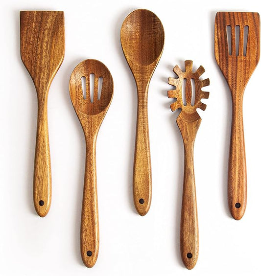 Acacia Wooden Spoons for Cooking: 5-Piece Kitchen & Cooking Utensils Set - Wooden Spatula, Slotted & Pasta Spoon - Essential Wooden Utensil Set-CasaMuseHome