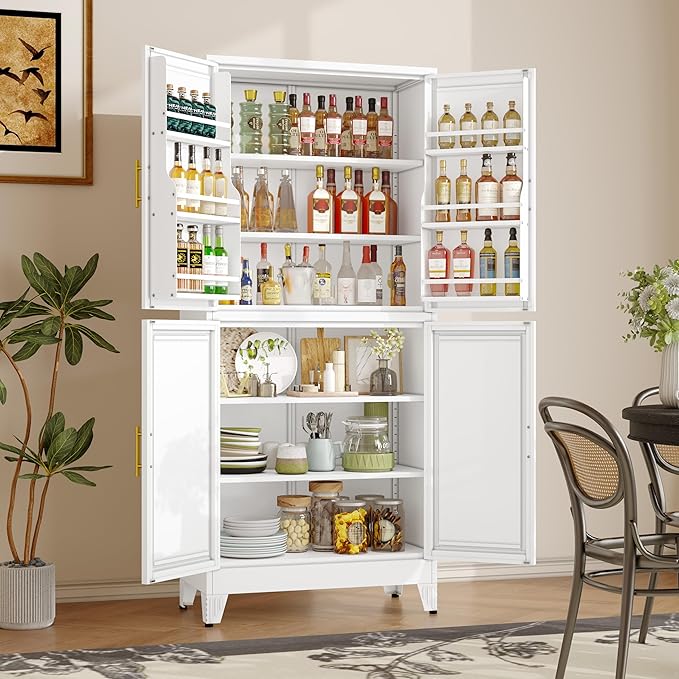 74.8" Tall Metal Food Cabinet, White Kitchen Pantry Cabinet, Storage Cabinets with 4 Door and 4 Adjustable Shelves, Steel Freestanding Cupboard for Kitchen Dining Room Living Room Bathroom-CasaMuseHome
