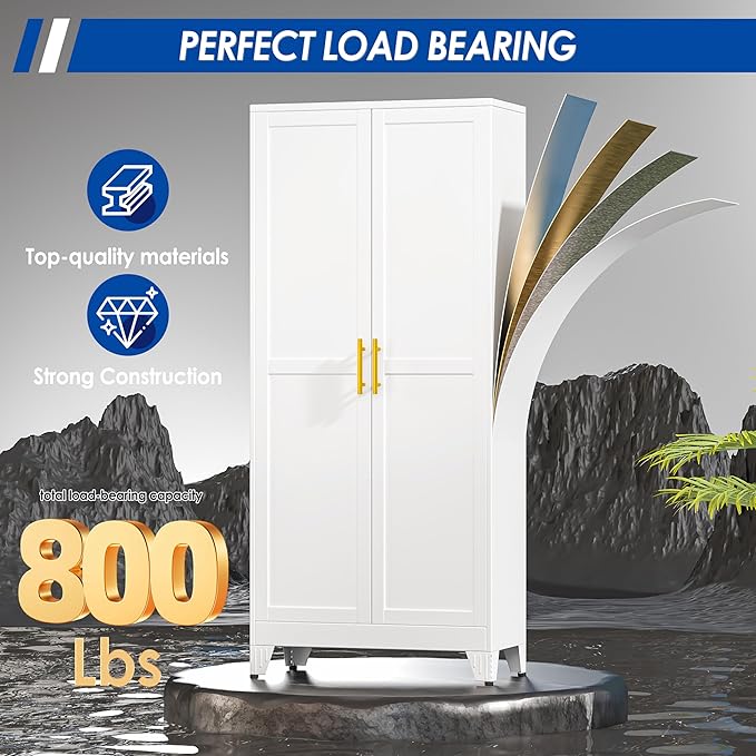 71" Tall Metal Storage Cabinet with 2 Doors and 4 Adjustable Shelves, Kitchen Pantry Cabinet White Freestanding Cupboard, 5 Tier Multifunctional Steel Storage for Office, Kitchen, Dining Room-CasaMuseHome