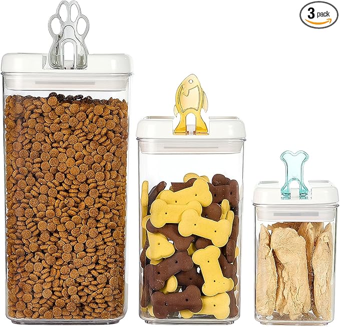 Felli Flip Tite Pet Food Container with Airtight Lids, BPA FREE Acrylic Canister with Paw Bone Fish Flip Top Handles for Cat Dog Kibble Treats Storage, Keep Fresh (Pet Collection Nest-L3pk)-CasaMuseHome