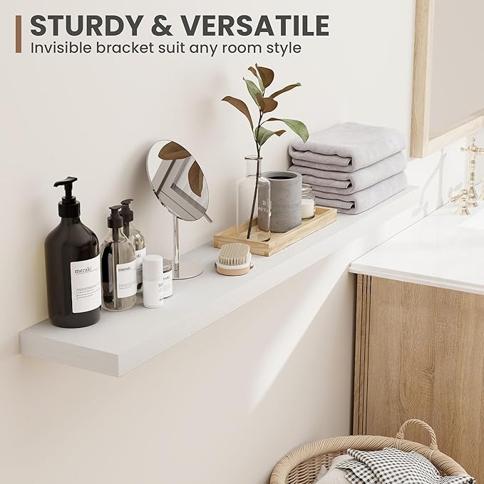 36 Inch Floating Shelves, 8 Inch Deep Floating Shelves for Wall, Hanging Shelf with Invisible Brackets, Deep Shelves for Bathroom, Bedroom, Living Room, White, Set of 2-CasaMuseHome