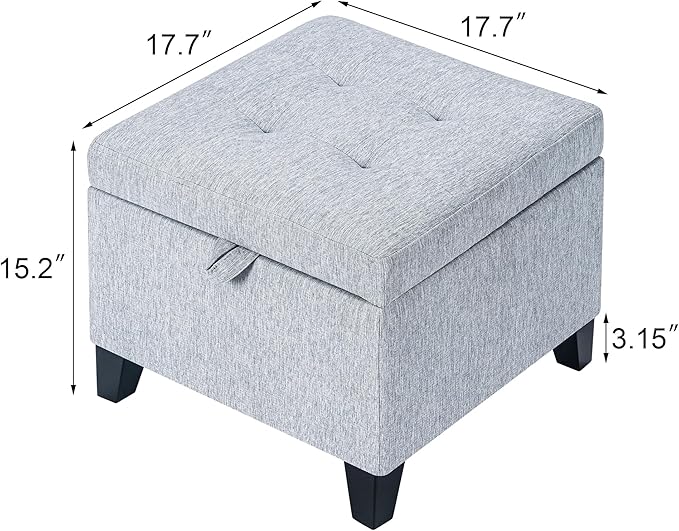 Adeco 18 Inch High Cube Ottoman Storage, Linen Chair Foot Stools, Upholstered Vanity Stool with Hinged Lid, Solid Wood Legs-CasaMuseHome