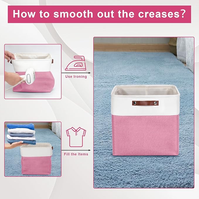 13x13 Cube Storage Bins, Collapsible Fabric Storage Box, 4 Pack Closet Baskets with Handles for Organizing, Shelf, Toys, Clothes, Home, Office, Nursery (Pink&White)-CasaMuseHome