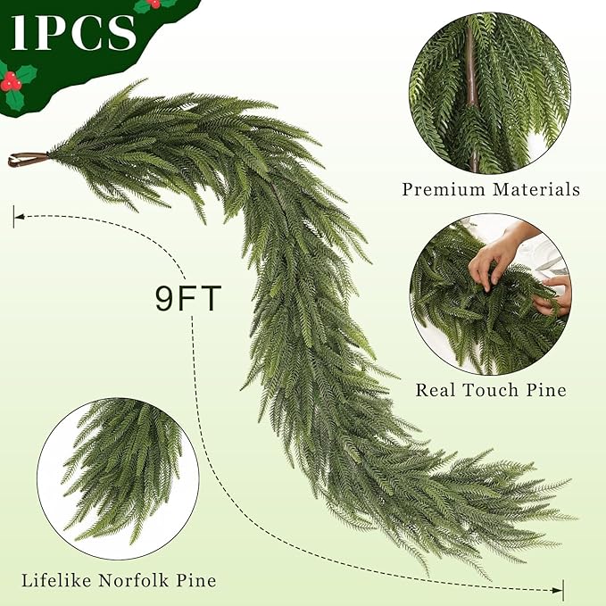 9FT Christmas Norfolk Pine Garland -1PCS, Artificial Pine Needles Garlands Faux Greenery Fake Garland for Holiday Fireplace,Table,Window,Stairs,Mante,Indoor Outdoor Decor-CasaMuseHome