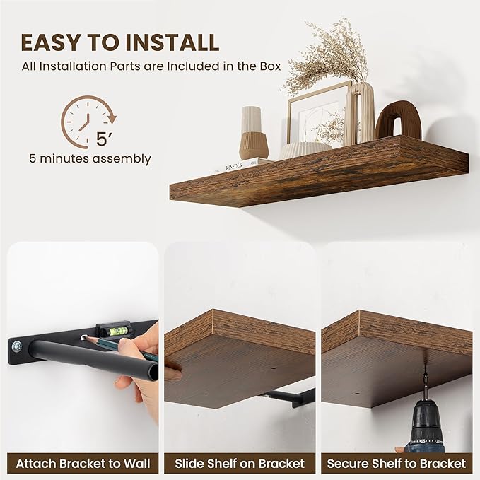 48 Inch Floating Shelves for Wall - 10 Inch Deep Fireplace Mantel Shelf - Wood Floating Shelves for Wall - Large Storage Shelves Wall Mount for Living Room & Bedroom - Rustic Brown - Set of 1-CasaMuseHome