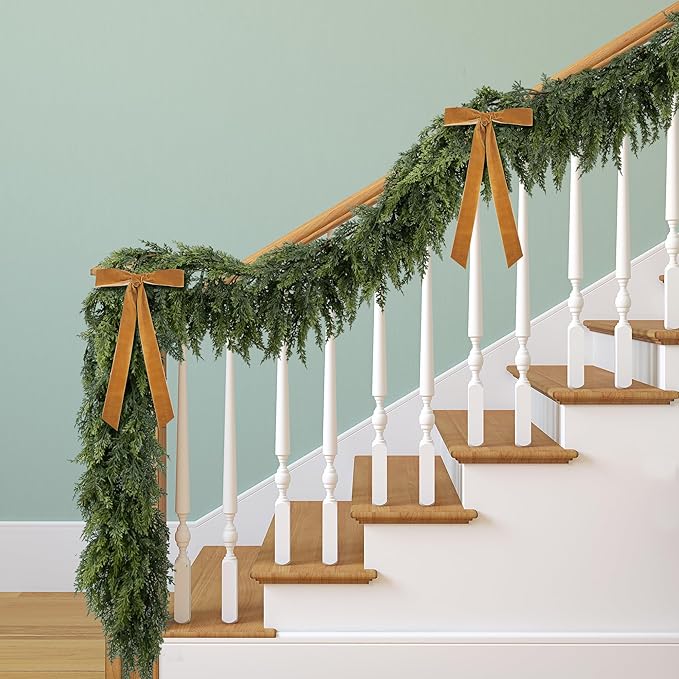 2 Pcs Christmas Norfolk Pine Garlands, 6 Ft Double Color Real Touch Artificial Cedar Garland, Faux Pine Cypress Greenery Garland Ornaments for Mantle Fireplace Table Indoor Outdoor Xmas Decoration-CasaMuseHome