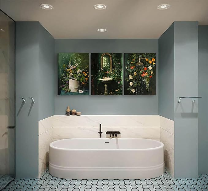 3Pcs Framed Vintage Dark Green Bathroom Wall Art Shower Toilet Paper Roll Floral Poster Print Modern Farmhouse plants Painting Picture Wall Decor For Bathroom Living Room Decoration-CasaMuseHome