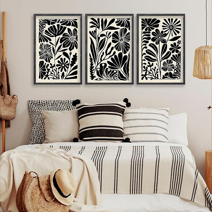 Abstract Floral Botanical Wall Art 16x24 Inch 3 Piece Black Vintage Boho Plant Flower Minimalist Wood Frame Sign Home Living Room Family Office Mid Century Print Wall Hanging Decor (Black)-CasaMuseHome