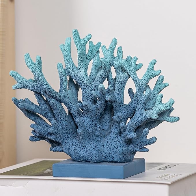 5.8" H Blue Coral Decor, Resin Coral Statue, Nautical Decorations for Home, Beach/Coastal/Ocean Themed Cabinet Shelf Tabletop Decor-CasaMuseHome