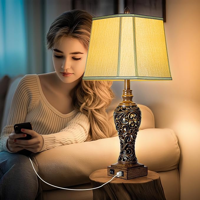28.5'' Tall Farmhouse Vintage Table Lamp Set of 2 with Faux Silk Shade USB Ports Nightlight Decor for Bedside Living Room Bedroom Nightstands Office Home, Dark Bronze(Bulbs Included)-CasaMuseHome