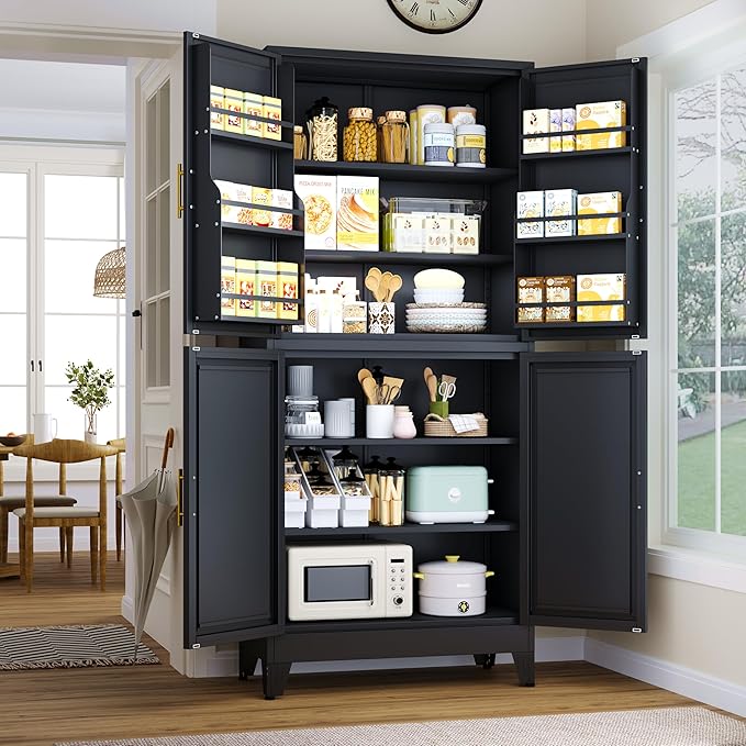 74.8" Tall Metal Food Cabinet, Black Kitchen Pantry Cabinet, Storage Cabinets with 4 Door and 4 Adjustable Shelves, Steel Freestanding Cupboard for Kitchen Dining Room Living Room Bathroom-CasaMuseHome