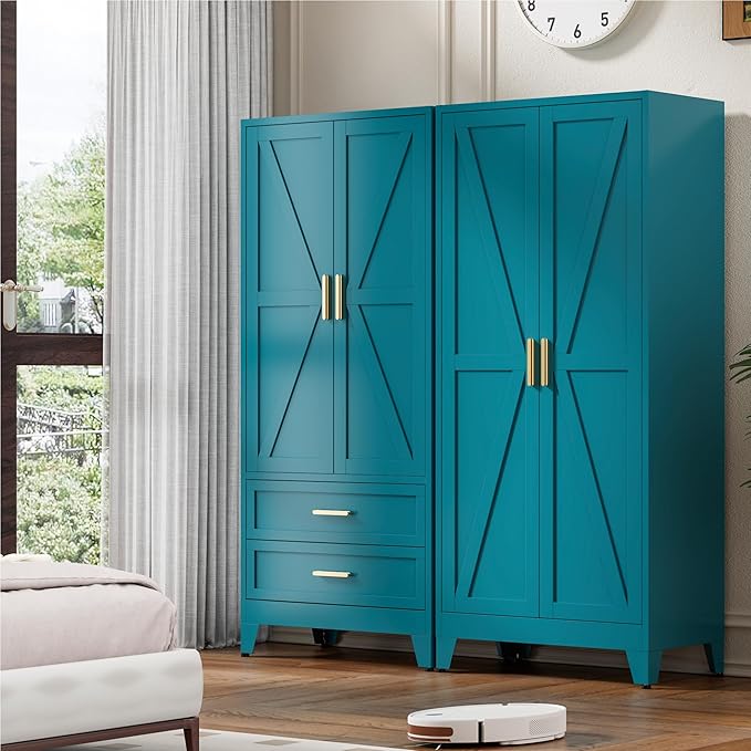 71'' Farmhouse Metal Wardrobe Cabinet with Hanging Rod, 2 Barn Door Wardrobe Closet with Adjustable Shelves,2 Drawer,for Dining Room,Bedroom,Living Room, Cloak Room,Office (Peacock Blue)-CasaMuseHome