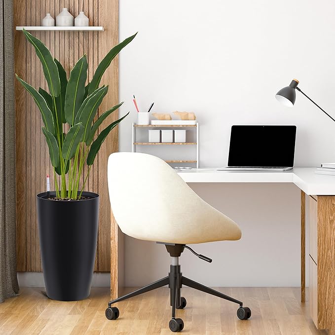 22" Tall Round Planter Set of 2, Self Watering Pots for Indoor Plants, Large Flower Pot Outdoor with Built-in Drainage and a Water Level Monitor, for Patio, Porch, Living Room, or Home Office, Black-CasaMuseHome