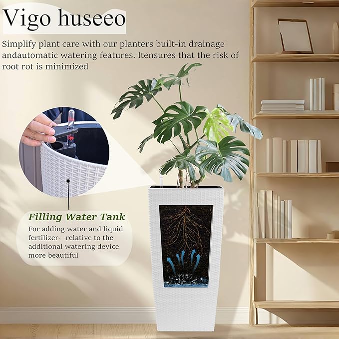 2Pcs 23in High Large Plant Pots Planter-Self-Watering,Modern Planter with Drain Holes,Water Level Monitor,Inner Bucket for Indoor/Outdoor Front Porch Patio,White Rattan-CasaMuseHome