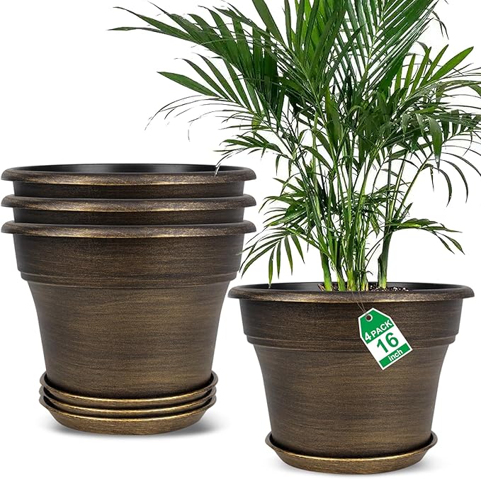 16 inch Plant Pots Outdoor Planters，4 Pack Large Plastic Flower Pot for Indoor Plants with Drainage Holes & Saucer, Resin Decorative Container Sets with Trays for House Outdoor Garden Plant Dark Gold-CasaMuseHome
