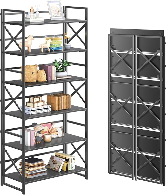 4NM 6 Tiers No Assembly Book Shelves, 61.8" H Folding Bookshelf Bookcase Open Industrial Foldable Shelves for Bedroom, Living Room, Home Office - All Black-CasaMuseHome