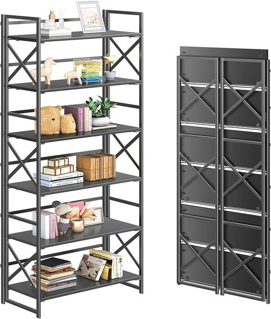 4NM 6 Tiers No Assembly Book Shelves, 61.8" H Folding Bookshelf Bookcase Open Industrial Foldable Shelves for Bedroom, Living Room, Home Office - All Black-CasaMuseHome