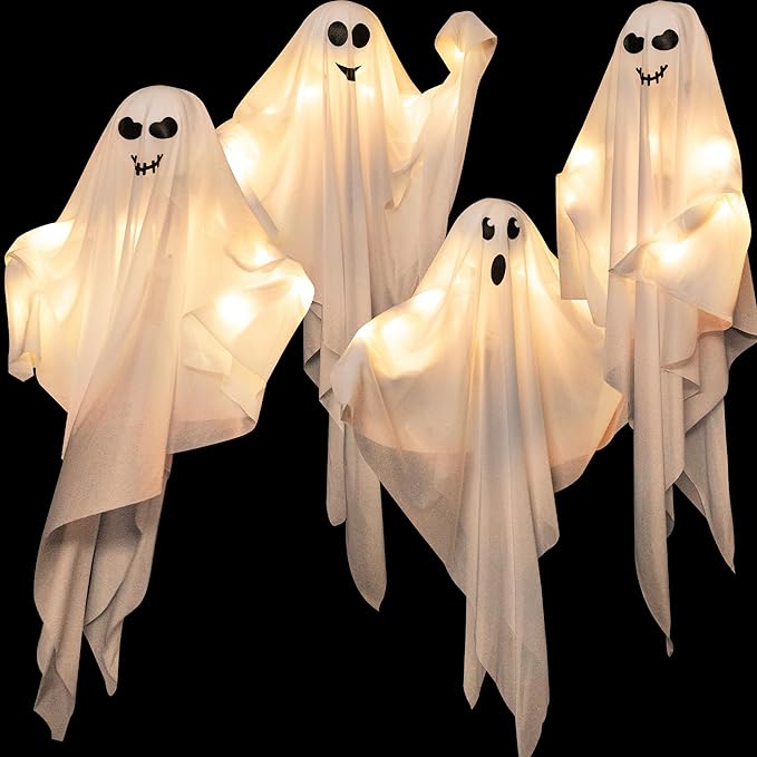 4 Pack Halloween Hanging Ghosts, 27.5 Inch with Light Up Ghost Kit for Indoor Outside Ornaments, Spooky Yard Tree Halloween Decorations Outdoor, Party Décor-CasaMuseHome