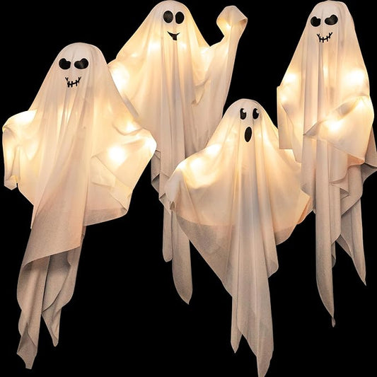4 Pack Halloween Hanging Ghosts, 27.5 Inch with Light Up Ghost Kit for Indoor Outside Ornaments, Spooky Yard Tree Halloween Decorations Outdoor, Party Décor-CasaMuseHome