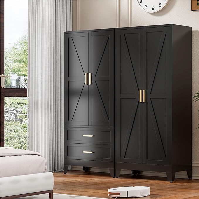 71'' Farmhouse Metal Wardrobe Cabinet with Hanging Rod, 2 Barn Door Wardrobe Closet with Adjustable Shelves,2 Drawer,for Dining Room,Bedroom,Living Room, Cloak Room,Office (Black)-CasaMuseHome
