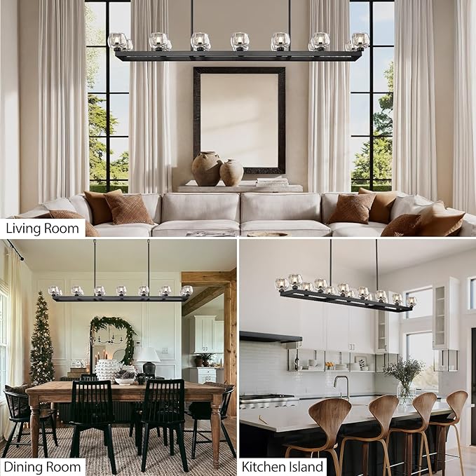 72 Inch Black Rectangle Wagon Wheel Chandeliers, Chandelier for Dining Room Over Table, Modern Crystal Long Chandelier for High Ceiling, Farmhouse Large Linear Chandeliers for Kitchen Island-CasaMuseHome