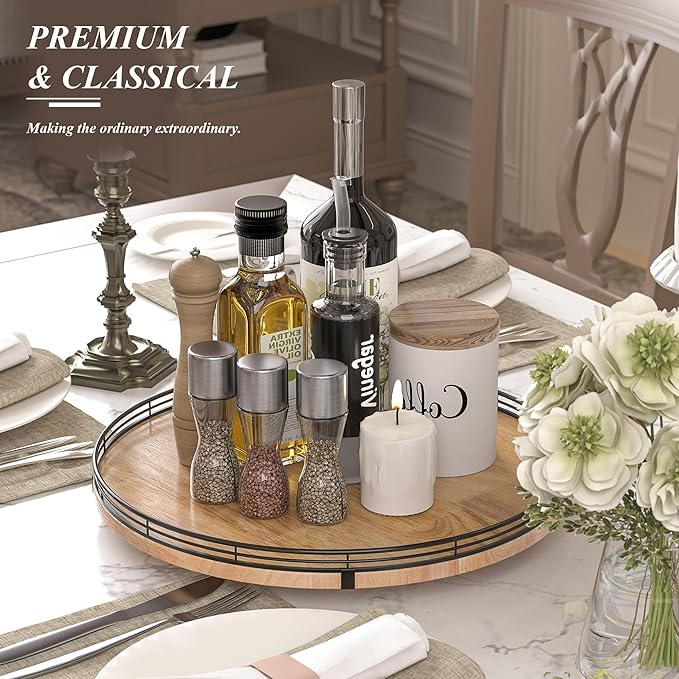 16" Lazy Susan Oak Wood Turntable Organizer for Cabinet, Farmhouse Round Wooden Large Lazy Susan Organization and Storage for Dining Table, Pantry, Kitchen, Bathroom, Countertop, Cupboard, Home Decor-CasaMuseHome