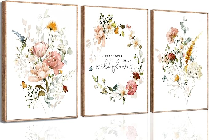 3Pcs Pink Flowers Canvas Wall Art In A Field Of Roses She Is A Wildflower Painting Picture Decor Watercolor Wreath Poster Print Artwork for Nursery living room Girls Room Home Decoration Unframed-CasaMuseHome