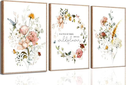 3Pcs Pink Flowers Canvas Wall Art In A Field Of Roses She Is A Wildflower Painting Picture Decor Watercolor Wreath Poster Print Artwork for Nursery living room Girls Room Home Decoration Unframed-CasaMuseHome