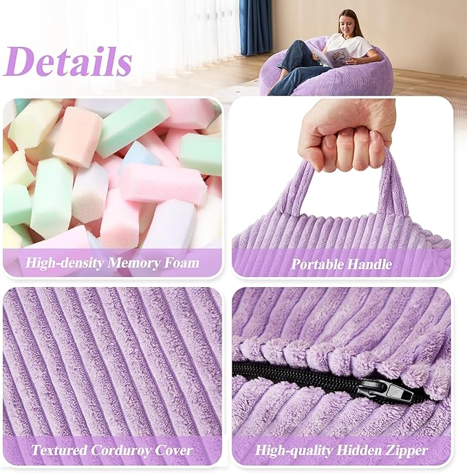3.5FT Bean Bag Chairs Teardrop Bean Bag Chair for Adults Beanbag Chair with Memory Foam Filled Machine Washable Cover for Living Room, Bedroom (Large,Purple)-CasaMuseHome