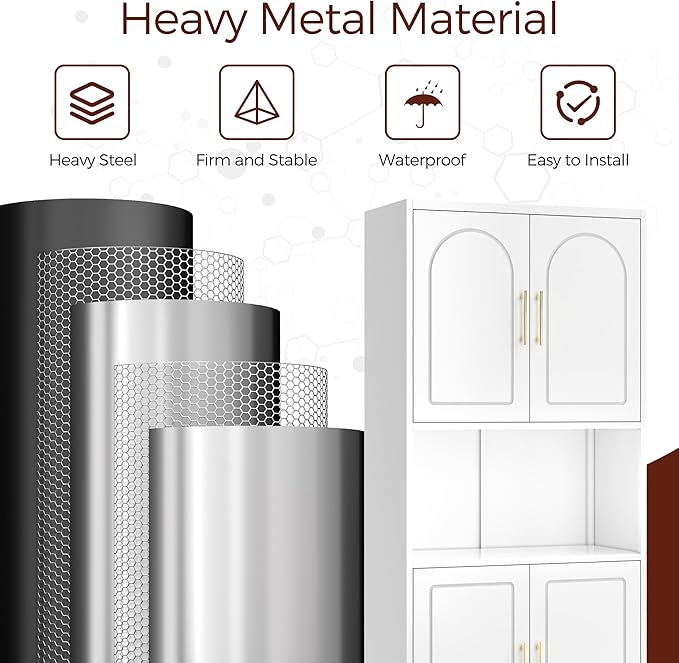 75" Tall Kitchen Pantry Storage Cabinet, Metal Storage Cabinets with 4 Doors and Adjustable Shelves，White Kitchen Hutch Cabinet with Microwave Stand, Large Cupboard for Dining Living Room-CasaMuseHome