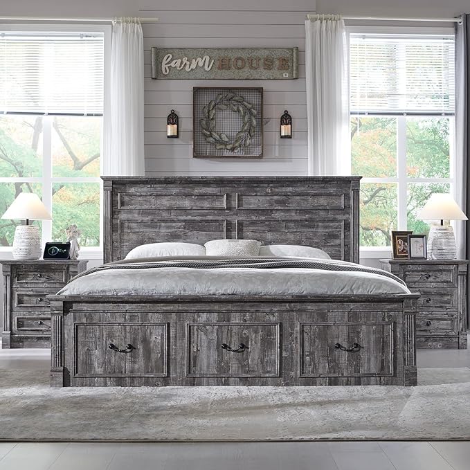 26" Tall Farmhouse Nightstand Set of 2, 3 Drawers End Table w/Charging Station, 23.6" Wide Large Side Table w/Roman Column, Wood Rustic Sofa Table for Bedroom, Light Gray-CasaMuseHome