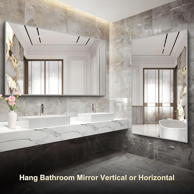 36x60inch Brushed Nickel Bathroom Mirror, Silver Rectangle Mirror with Frame, Large Rectangular Wall Mirrors for Bathroom, Living Roomm, Hair Salon, Big Mirror Hang Horizontal/Vertical-CasaMuseHome
