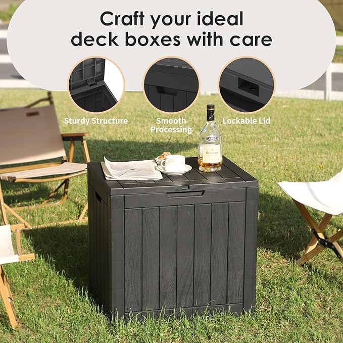35 Gallon Lockable Resin Deck Box, Waterproof & UV-Resistant Outdoor Storage Box for Outdoor Cushion Storage, Garden Tools & Pool Accessories Storage, Black-CasaMuseHome