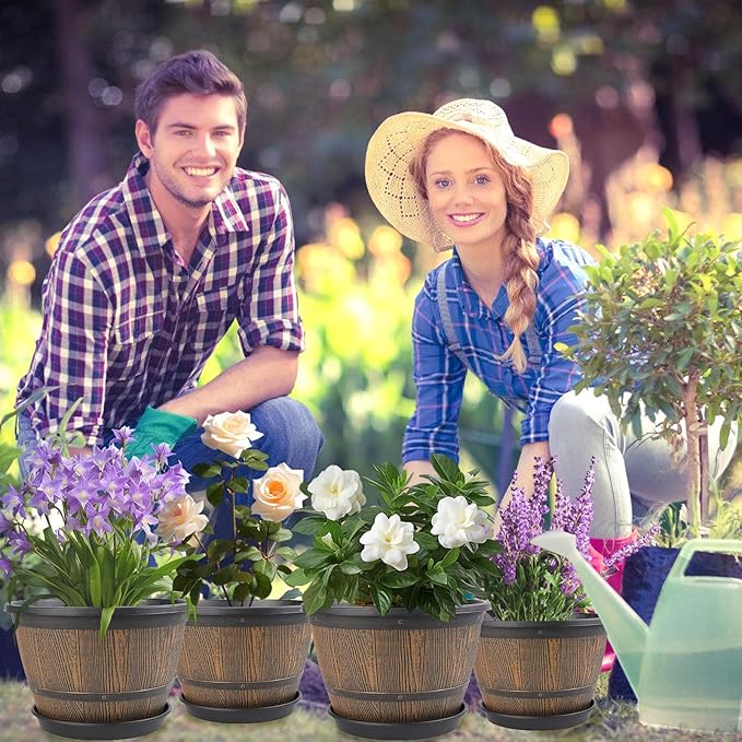 10-inch-Plant-Pots-Indoor-Outdoor, 4 Pack Whiskey Barrel Planters with Drainage Holes & Saucer, Plastic Flower Pots Imitation Wine Barrel Design, Decorative Garden Pots for Plants-CasaMuseHome