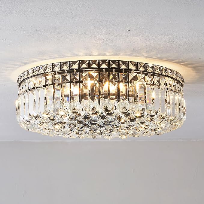 6-Lights Black Crystal Flush Mount Chandelier Light Fixture K9 Crystals Modern Ceiling Lights Elegant Pendant Lamp for Bedroom,Hallway,Bar,Living Room,Dining Room,H5.9 xW20 (Bulbs Not Included)-CasaMuseHome
