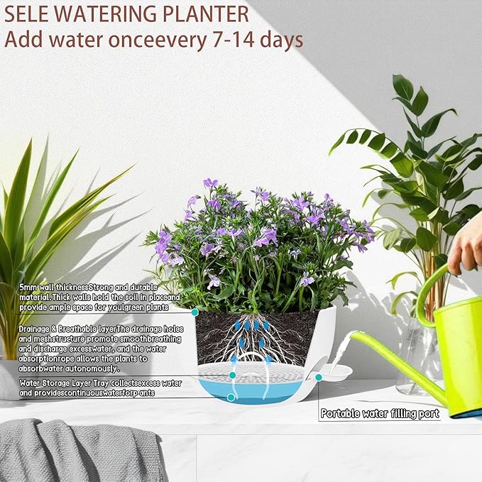 2 Pack 12 Inch Large Hanging Planters with Chains Self Watering White Plastic Hanging Pots for Indoor Outdoor Plants, Garden Porch Home Decor，White-CasaMuseHome