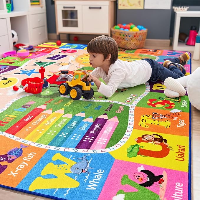 7x10 Playroom Rugs for Kids Washable, Educational and Fun Playmat with ABC Alphabet Animals Shapes Colors, Non-Slip Play Mat Learning Rugs for Baby Toddler Children Game Activity-CasaMuseHome