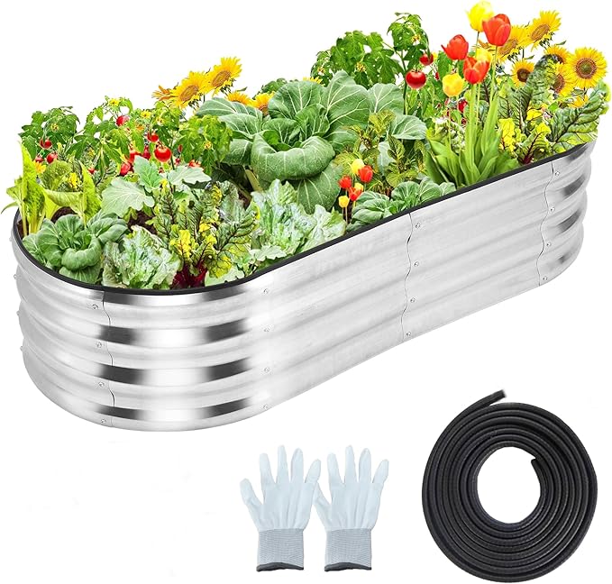 2 Pcs 4.5x2x1ft Oval Raised Garden Bed, Galvanized Raised Beds,Open-Ended Base Metal Raised Planter Beds,Planter Raised Boxes for Vegetables, Flowers,Tool-Free Asse,Rubber Edge-CasaMuseHome