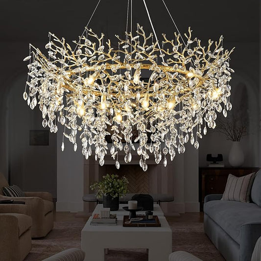 14-Light Modern Large Crystal Chandelier for Dining Room, 48" Round Gold Crystal Tree Branche Chandelier, Living Room Crystal Chandelier, Crystal Chandeliers for High Ceiling,Entryway,Foyer-CasaMuseHome