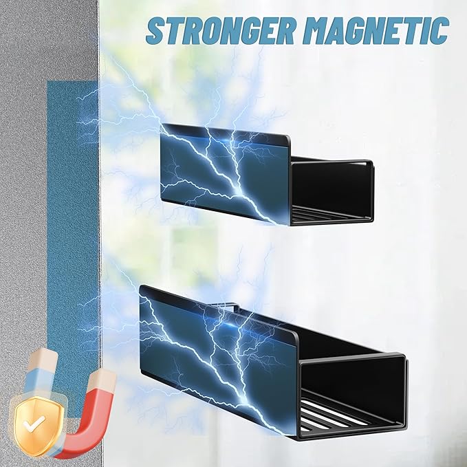 4 Pack Magnetic Spice Rack for Refrigerator, Black Magnetic Shelf for Kitchen Organizer and Storage, Mini Organizers for Oven and Fridge with 4 Hooks-CasaMuseHome