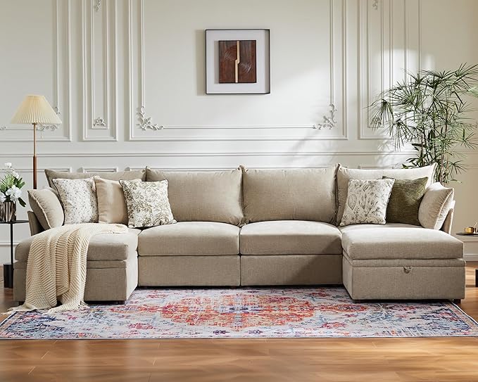 134.6" Oversized Modular Sectional Sofa, 6 Seater U Shaped Couch with Storage Ottoman with Reversible Chaise Deep Seat for Living Room, Apartment - Chenille Beige-CasaMuseHome